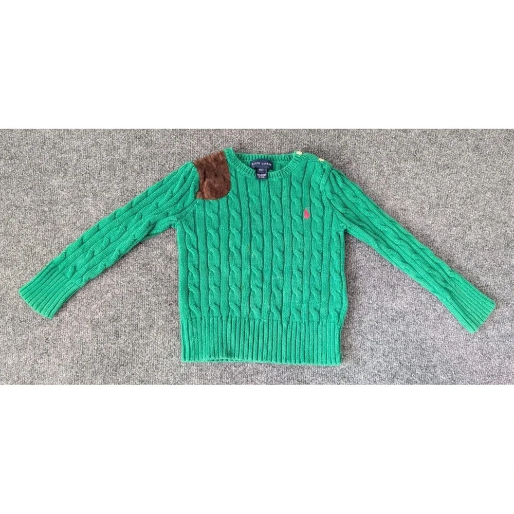 Ralph Lauren Girls Cable Knit Sweater Green Suede Shoulder Patch Size 3T Toddler